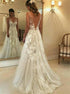 A Line V Neck Sleeveless Sweep Train With Applique Tulle Wedding Dresses LBQW0034